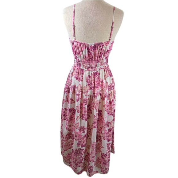 Old Navy Midi Dress Womens Sm Pink Linen Smocked Milkmaid Coquette Cottagecore - Picture 3 of 9